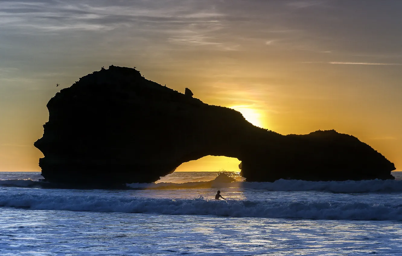 Photo wallpaper sea, landscape, sunset, rock