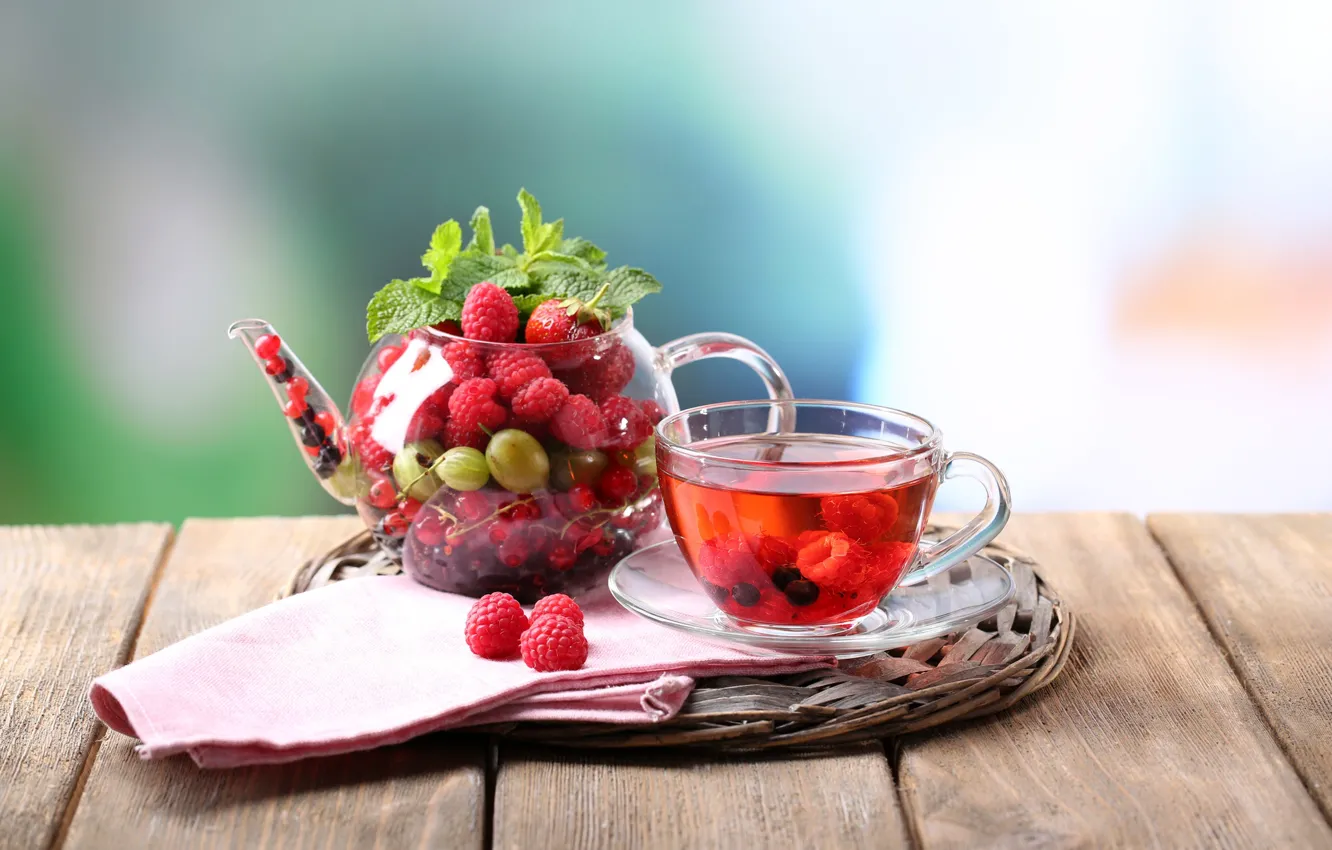 Photo wallpaper berries, raspberry, tea, Cup, currants, gooseberry, teapot