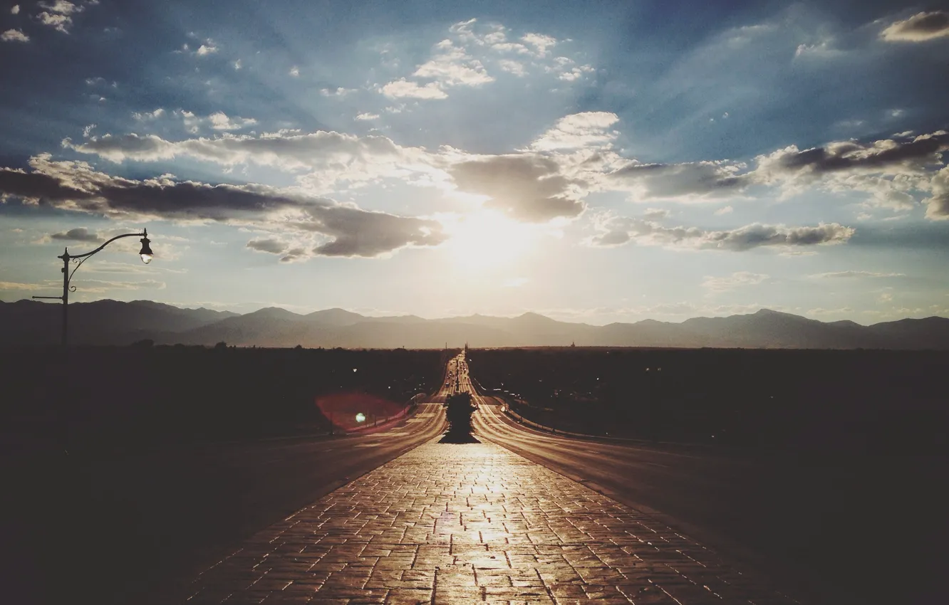 Photo wallpaper road, the sky, the sun, clouds, rays, light