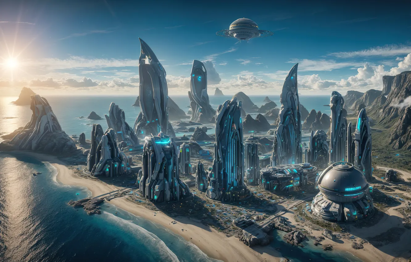 Photo wallpaper sky, sea, coast, art, sun, fantastic, Future, digital art