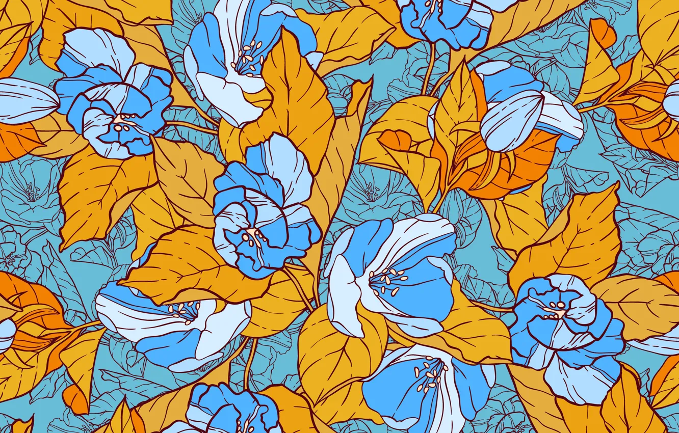 Photo wallpaper flowers, yellow, blue, Vintage, Template, Floral