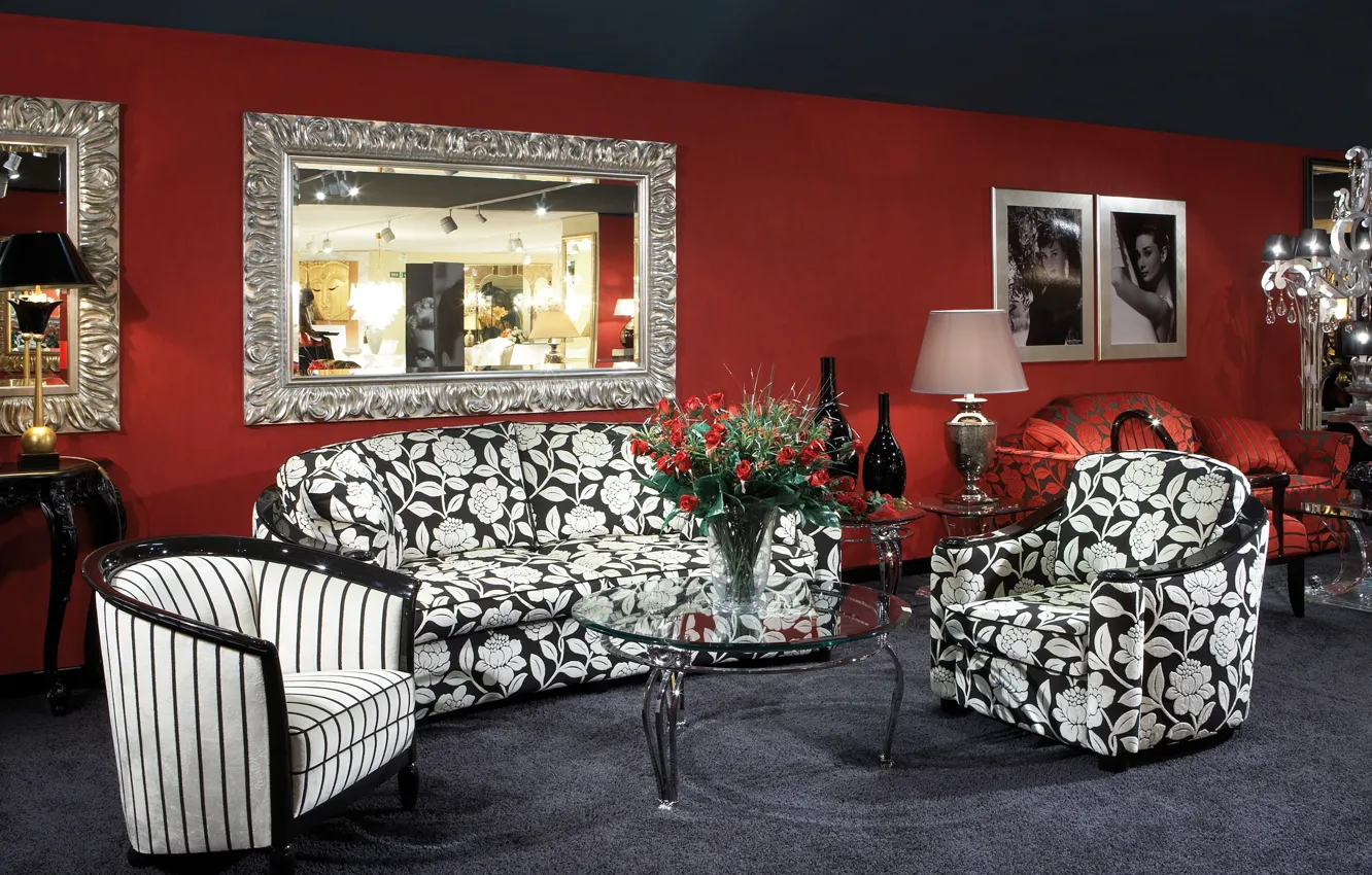 Photo wallpaper flowers, design, style, photo, table, sofa, interior, mirror