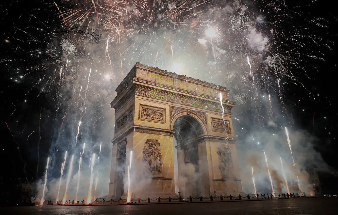 Photo wallpaper night, holiday, Paris, fireworks, arch, 2025, 2024, New Year's Eve