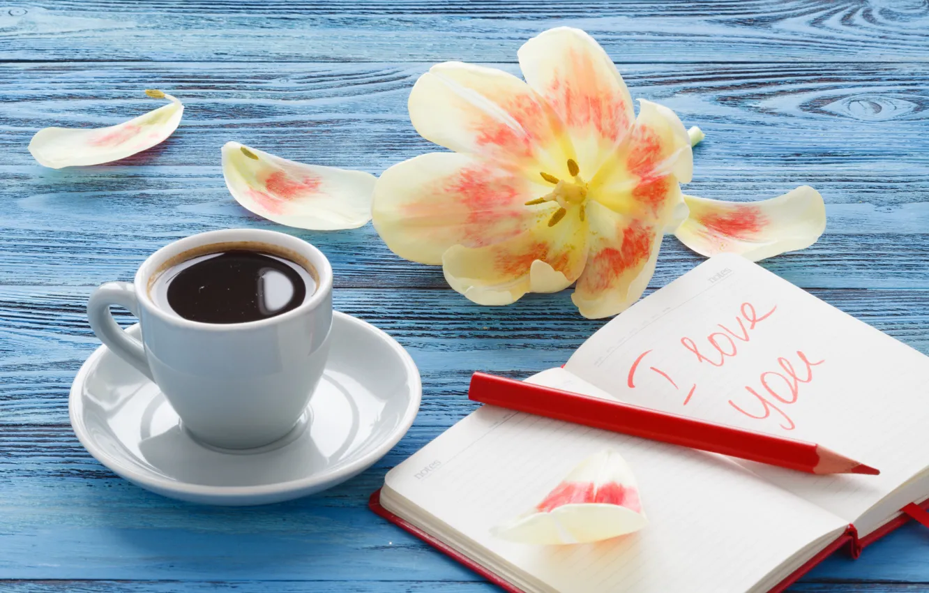 Photo wallpaper flowers, coffee, handle, tulips, Notepad
