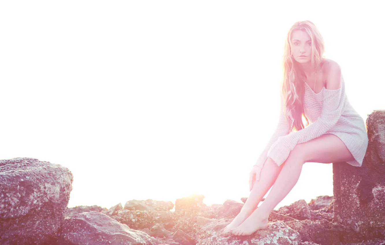 Photo wallpaper girl, light, stones, sitting, sweater, Kristina