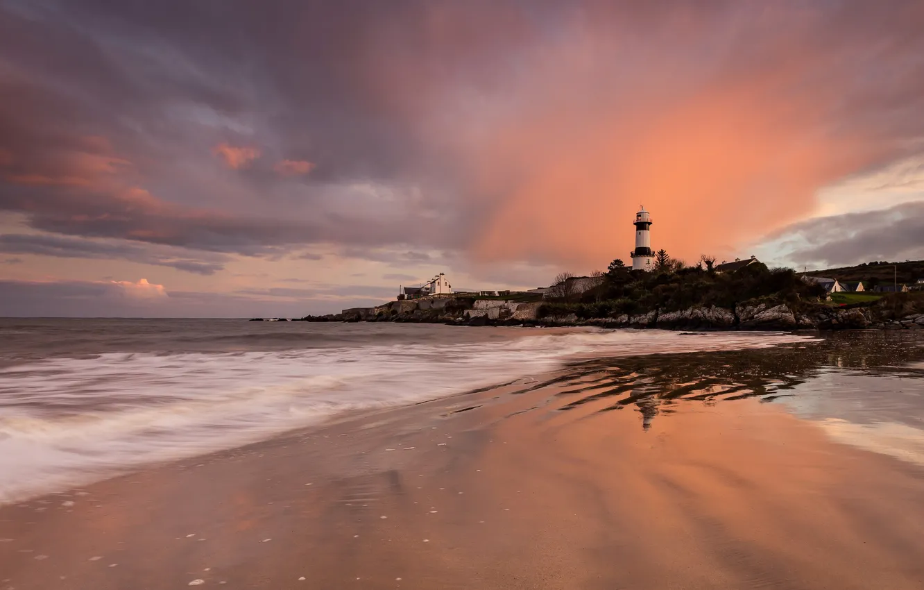 Photo wallpaper sea, sunset, lighthouse, surf