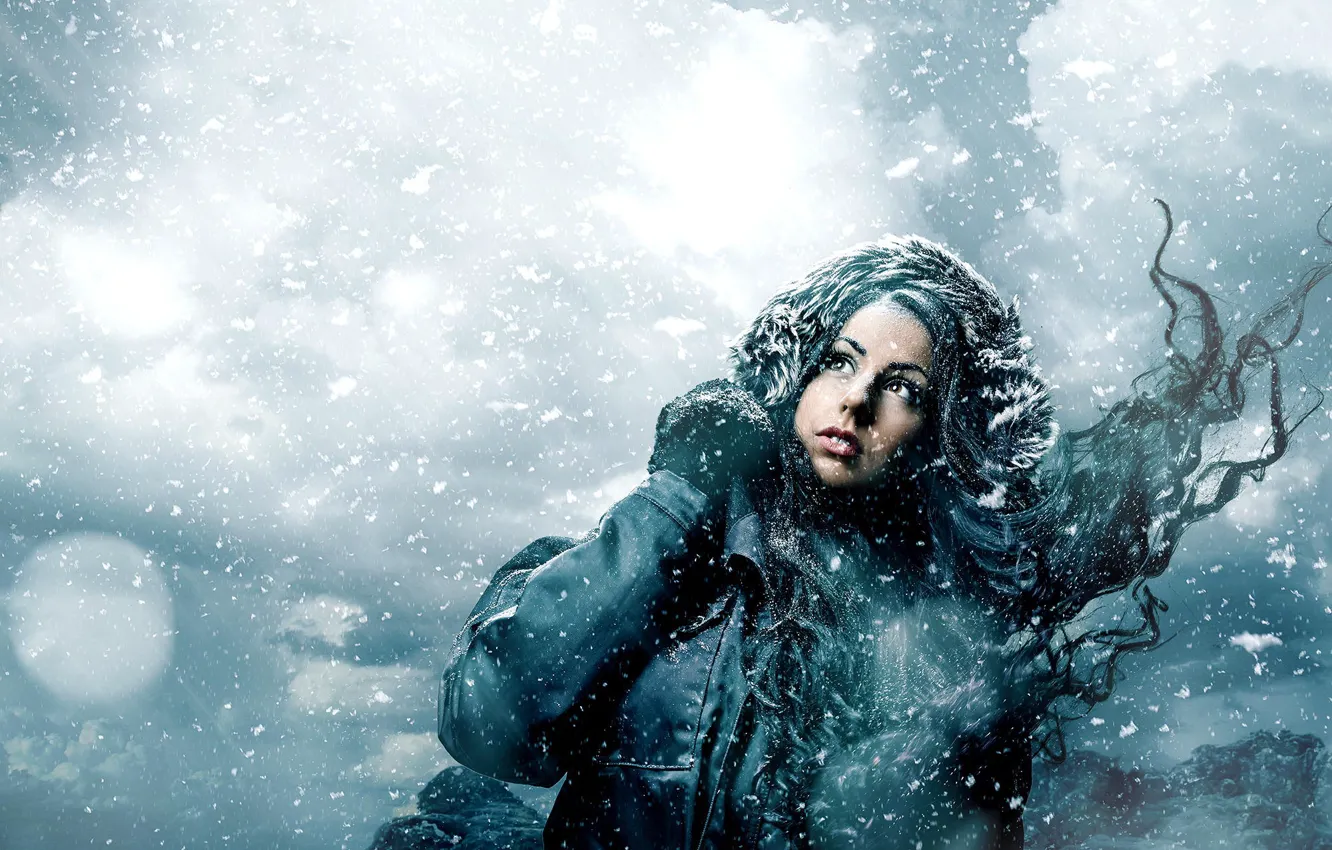 Photo wallpaper winter, girl, snow, snowflakes, the wind, jacket
