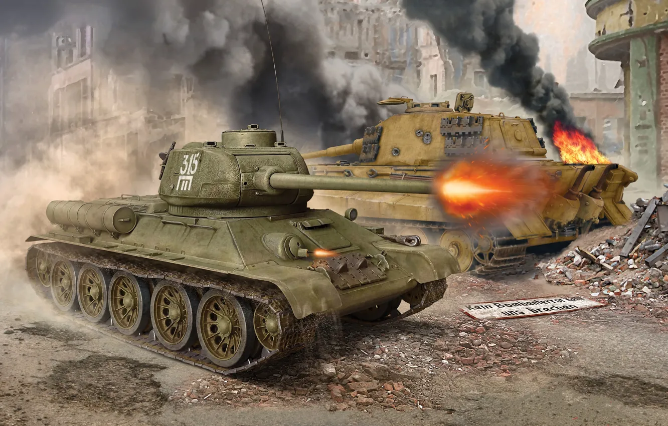 Photo wallpaper Fire, Tiger II, T-34-85, Royal Tiger, Medium Tank, Heavy Tank