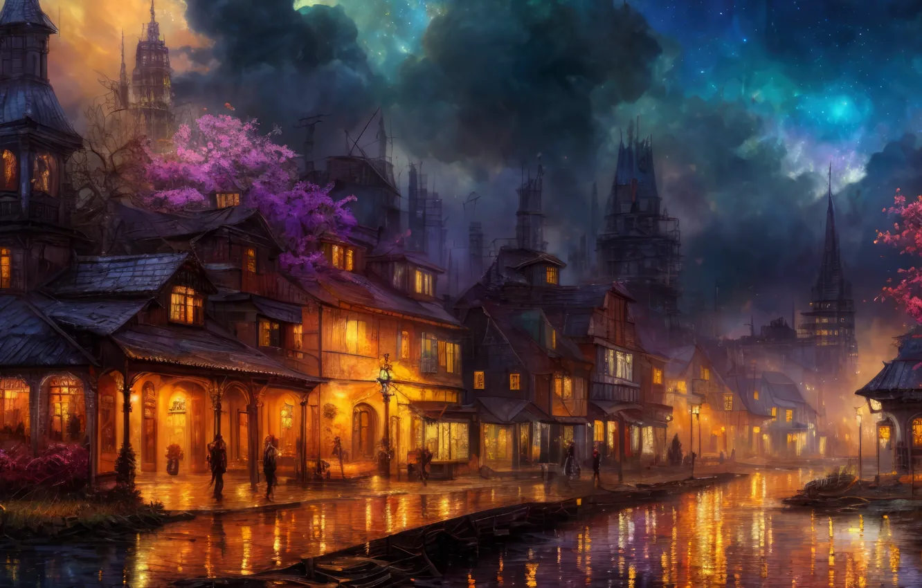 Photo wallpaper lights, windows, night, street, houses, roofs, Town, canal