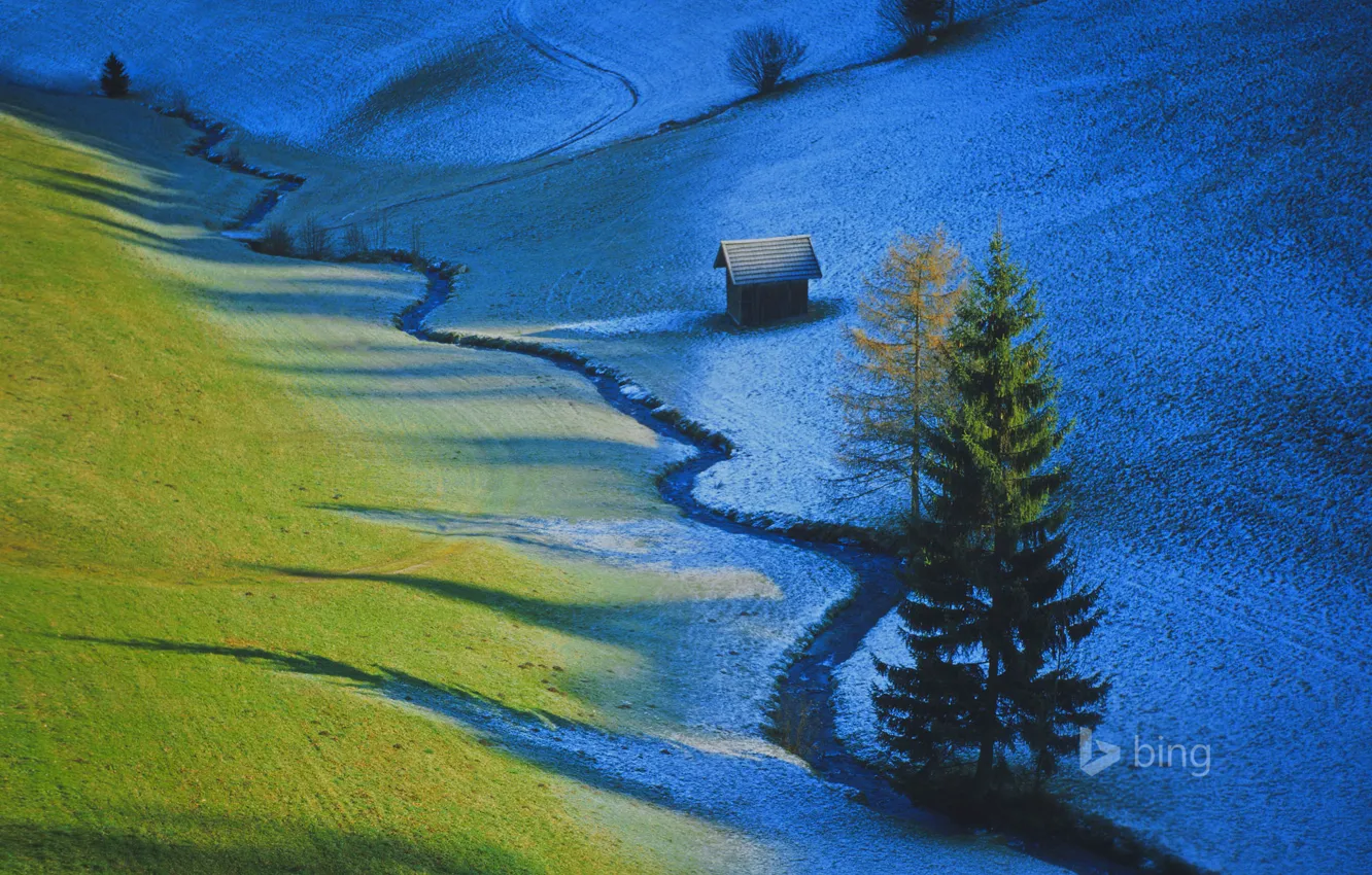 Photo wallpaper stream, spring, Austria, meadow, house, Tulfes