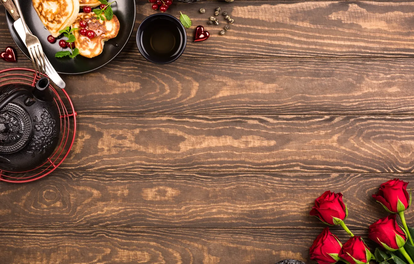 Photo wallpaper tea, roses, bouquet, Breakfast, pancakes, Iryna Melnyk