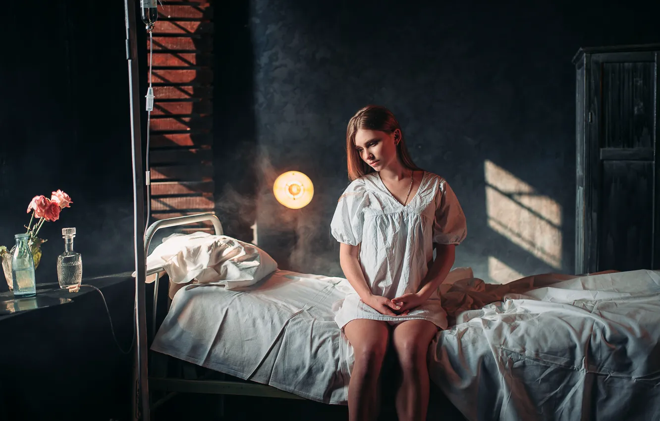 Photo wallpaper flowers, bed, the room, decanter, a life