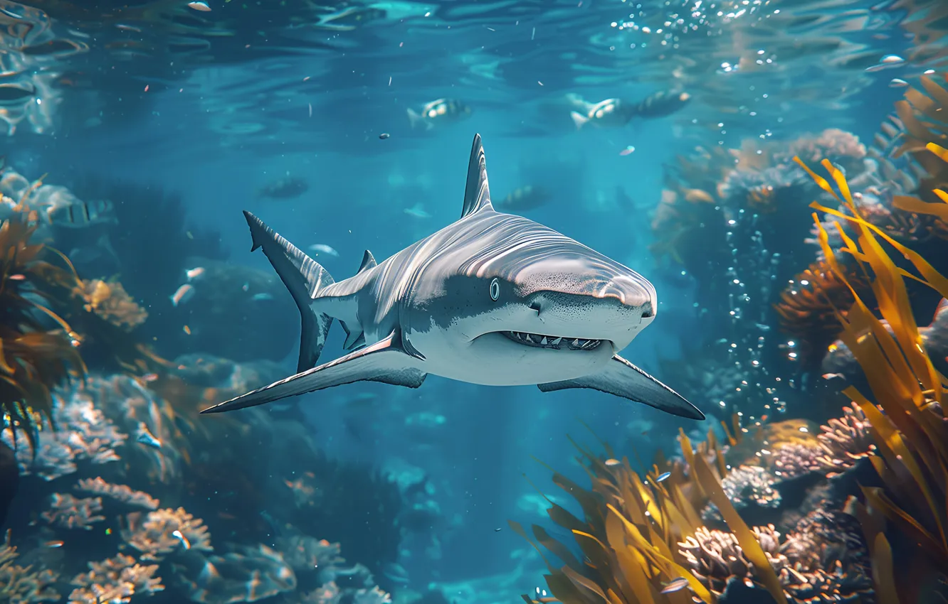 Photo wallpaper fish, predator, shark, corals, underwater world, digital art, AI art, The Art of Artificial Intelligence