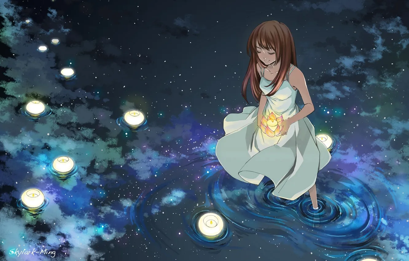 Photo wallpaper water, girl, stars, night, candles