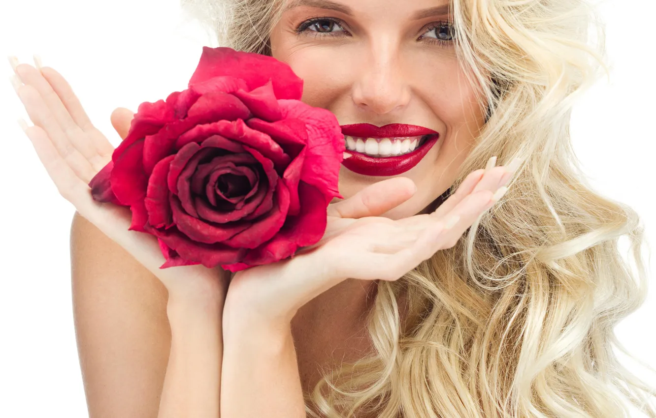 Photo wallpaper girl, face, smile, roses, lips