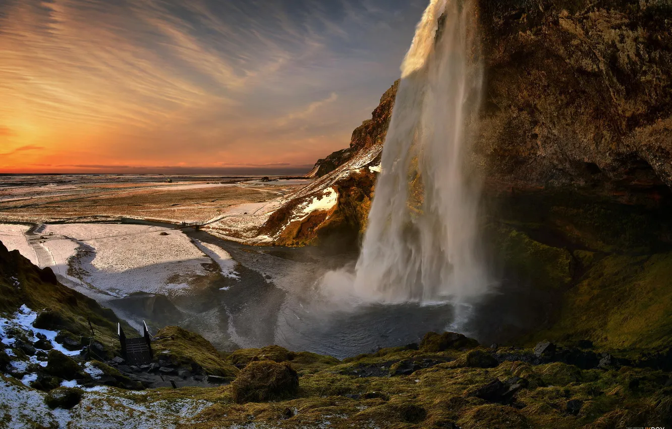 Photo wallpaper landscape, mountains, river, waterfall