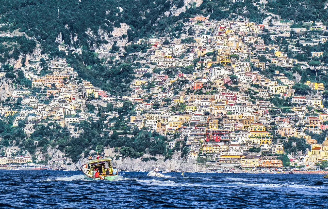 Photo wallpaper sea, mountains, home, yacht, boat, Italy, Positano, Salerno