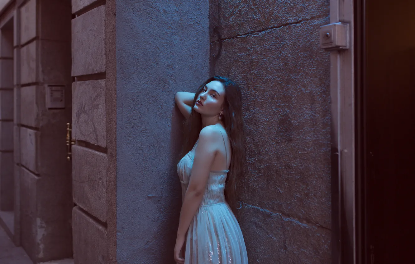 Photo wallpaper look, girl, face, background, hair, dress