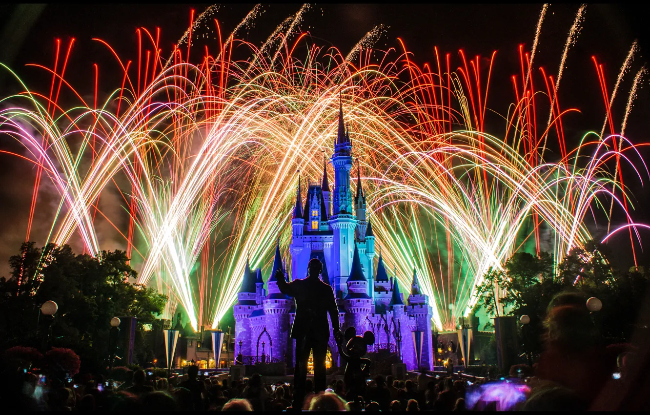 Photo wallpaper lights, holiday, backlight, Disneyland, colorful, fireworks, Sleeping Beauty's Castle