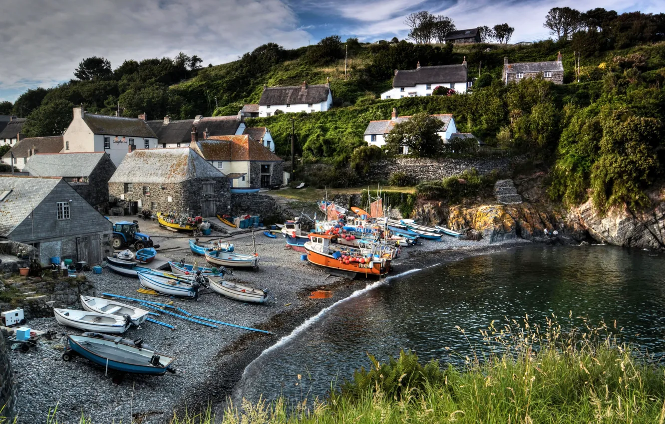 Photo wallpaper river, shore, boat, England, home, boat, coast, England