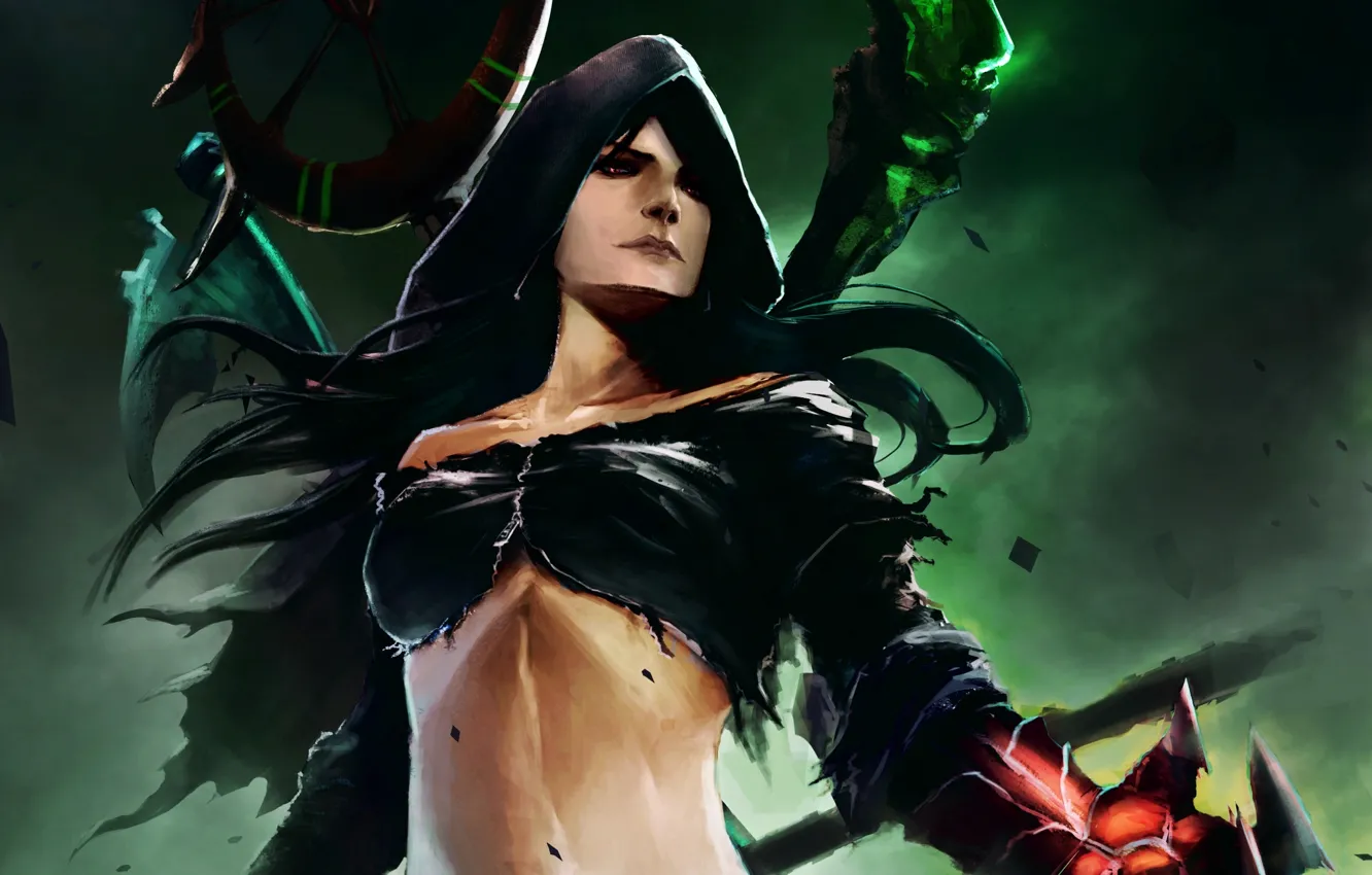 Photo wallpaper girl, hands, art, hood, staff, DigitalSashimi, Exorcism