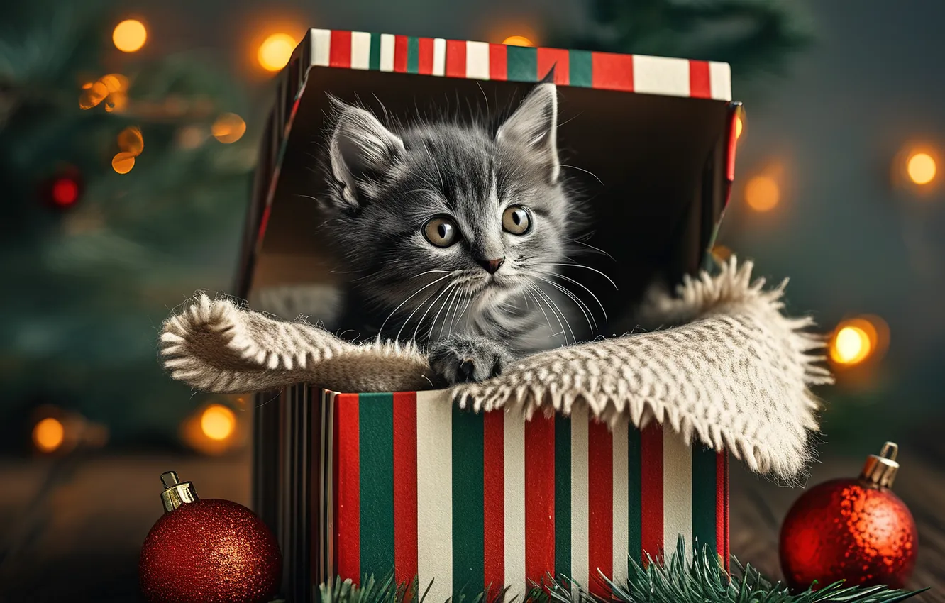 Photo wallpaper cat, look, balls, strips, pose, grey, room, box