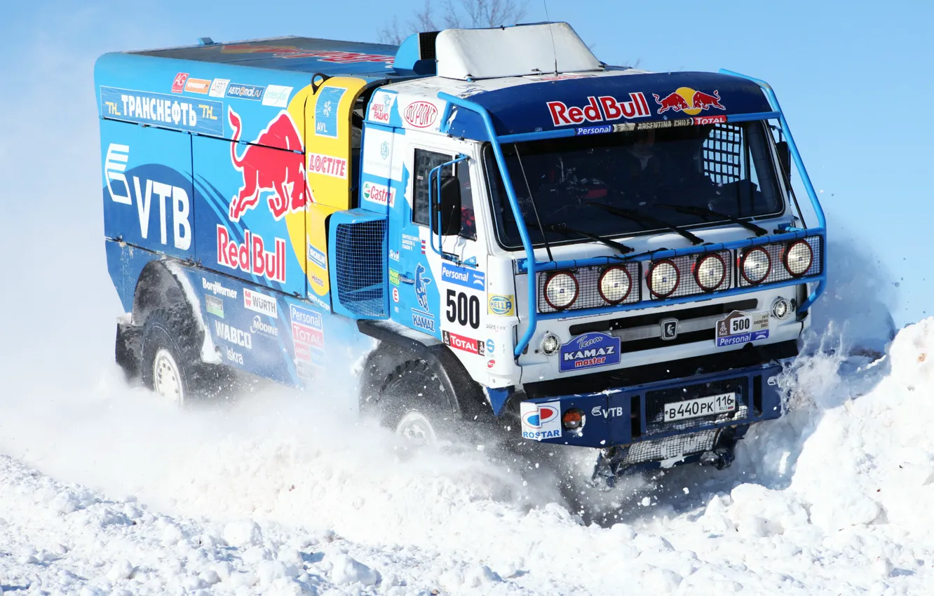 Photo wallpaper Winter, Blue, Snow, Truck, Red Bull, 500, Kamaz, Rally