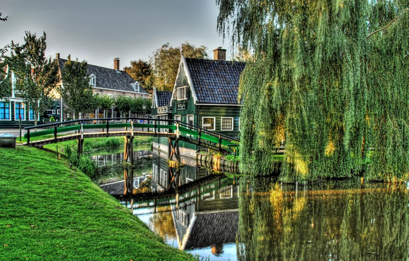 Photo wallpaper creek, nostalgic bridge, netherlands, restaurant, zaanstad
