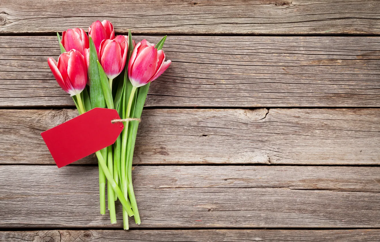 Photo wallpaper flowers, red, bouquet, tulips, red, wood, flowers, romantic