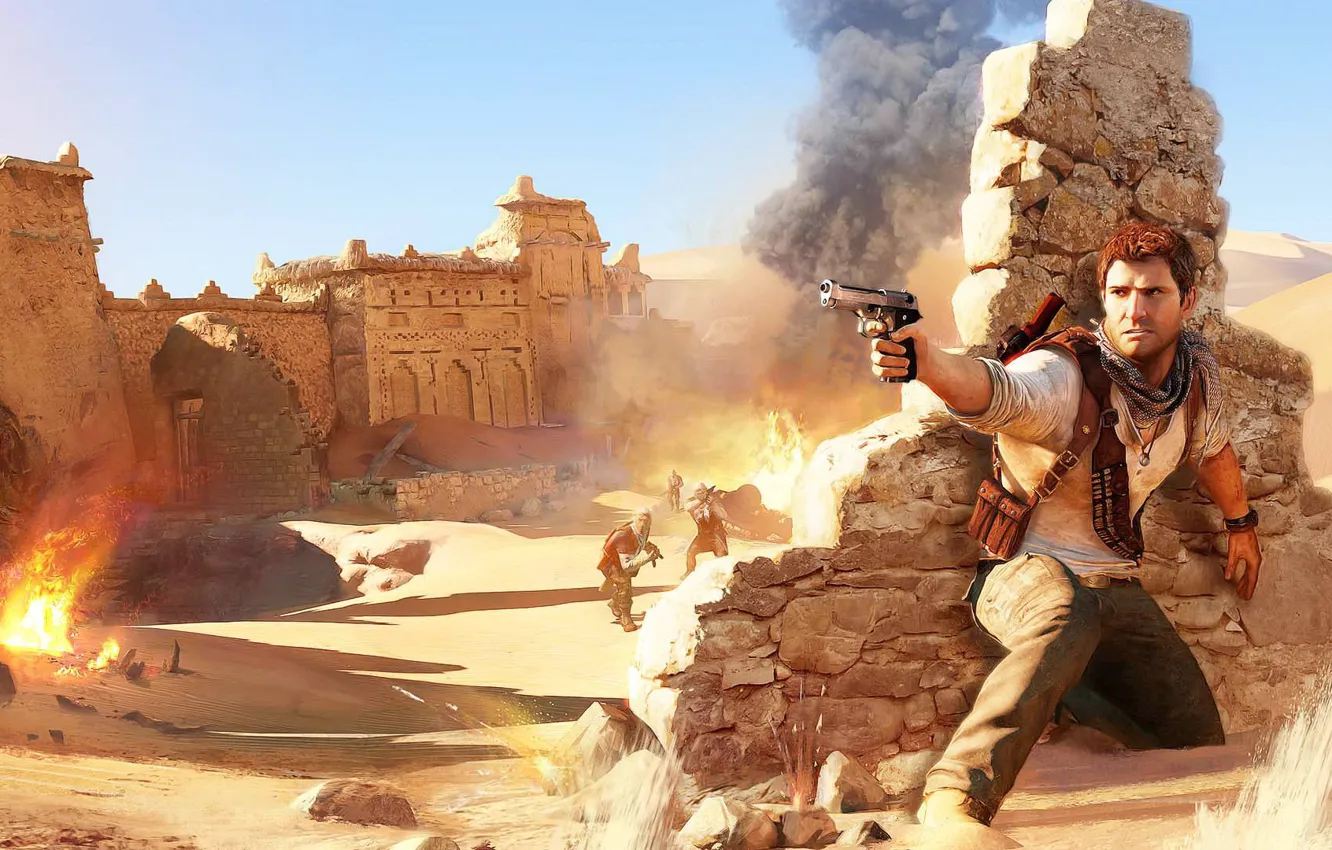 Photo wallpaper game, desert, Uncharted 3, Nathan Drake