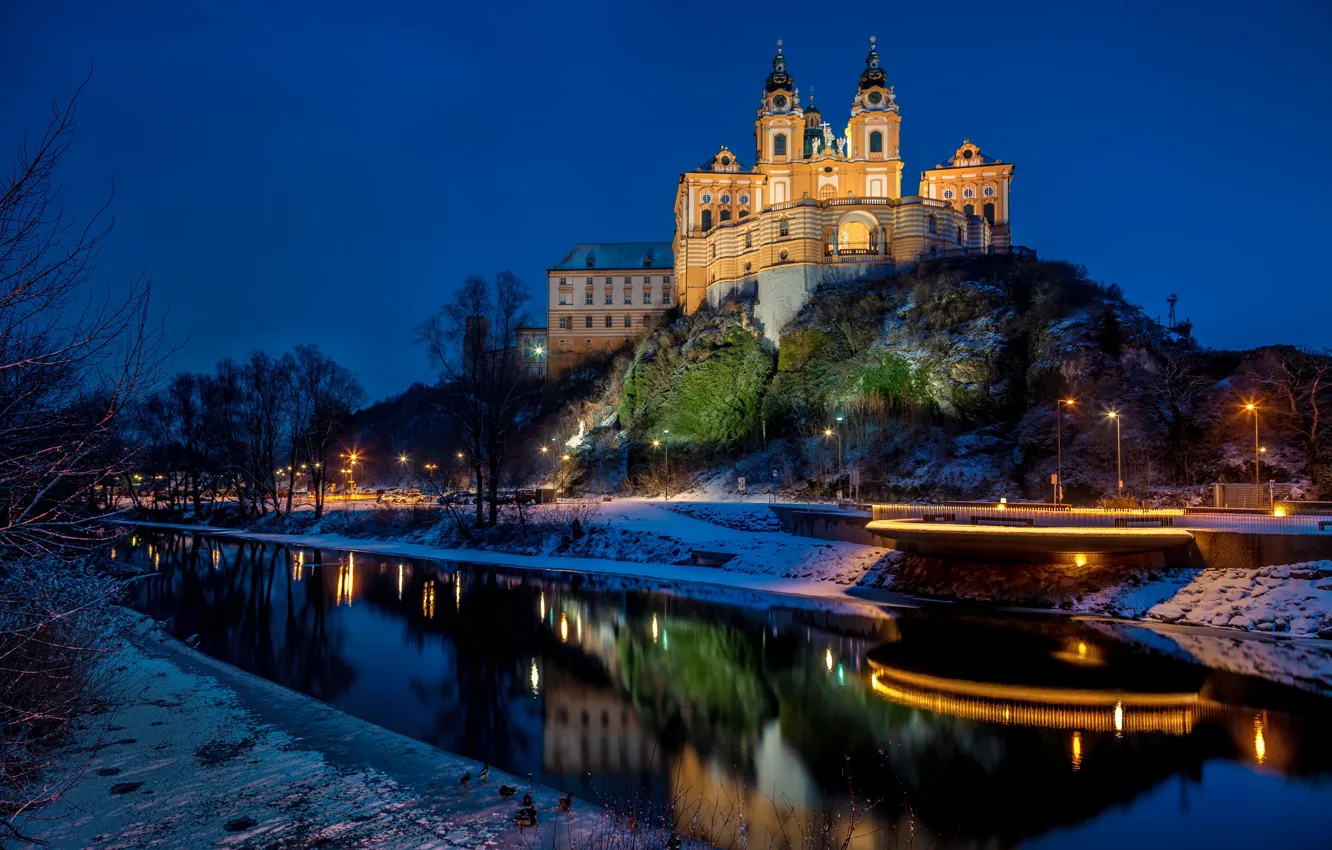 Photo wallpaper night, lights, Austria, the monastery, Wachau, Melk Abbey, Melk Abbey
