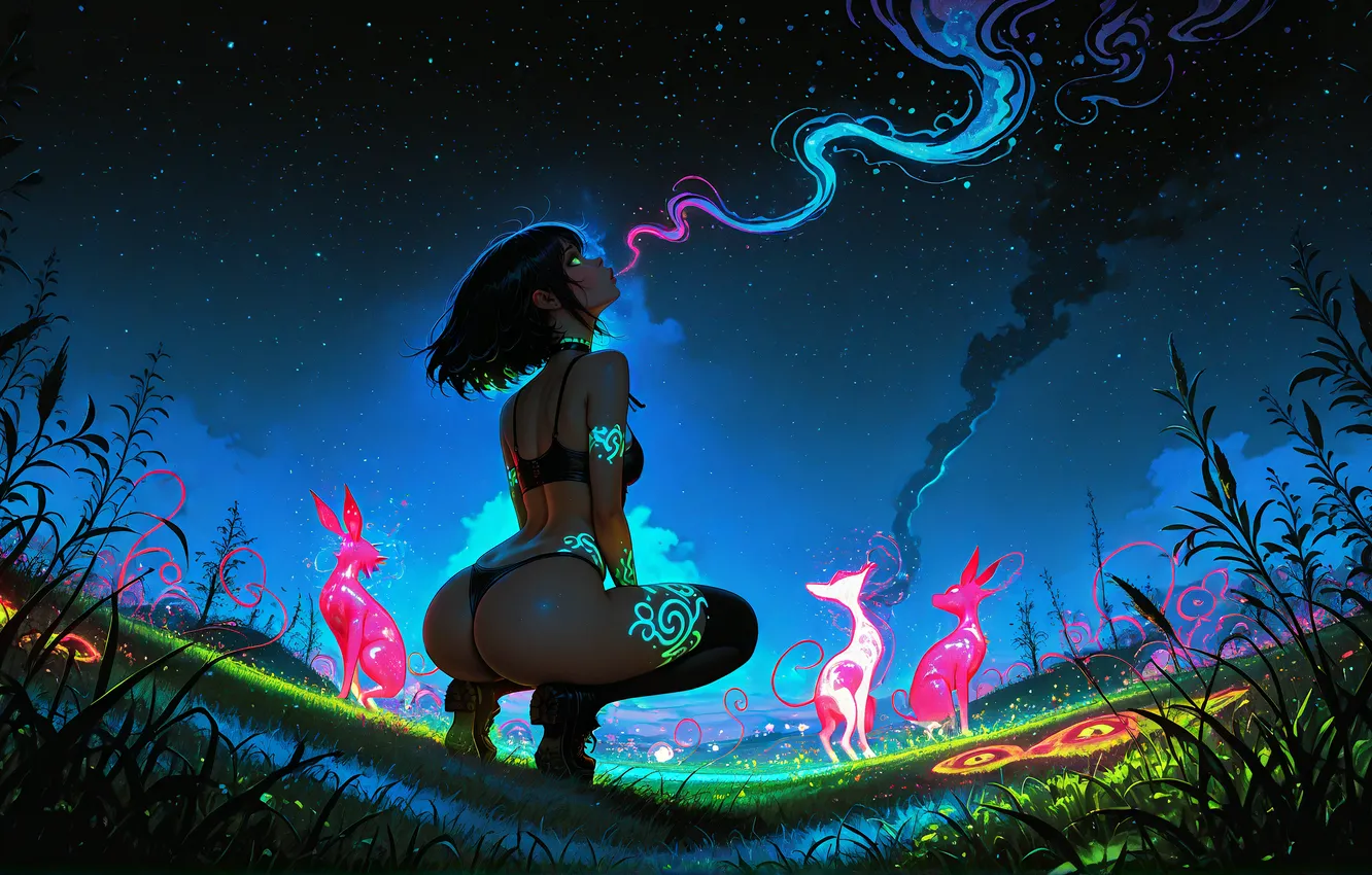 Photo wallpaper ass, bright colors, glowing, nightscape, Stable Diffusion, AI art, neon, psychedelic