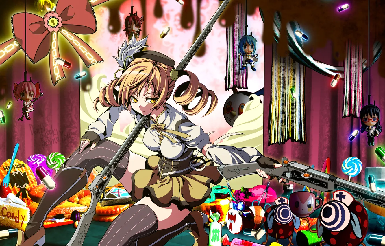 Photo wallpaper girl, weapons, art, the gun, Chibi, revolver, sweet, mahou shoujo madoka magica