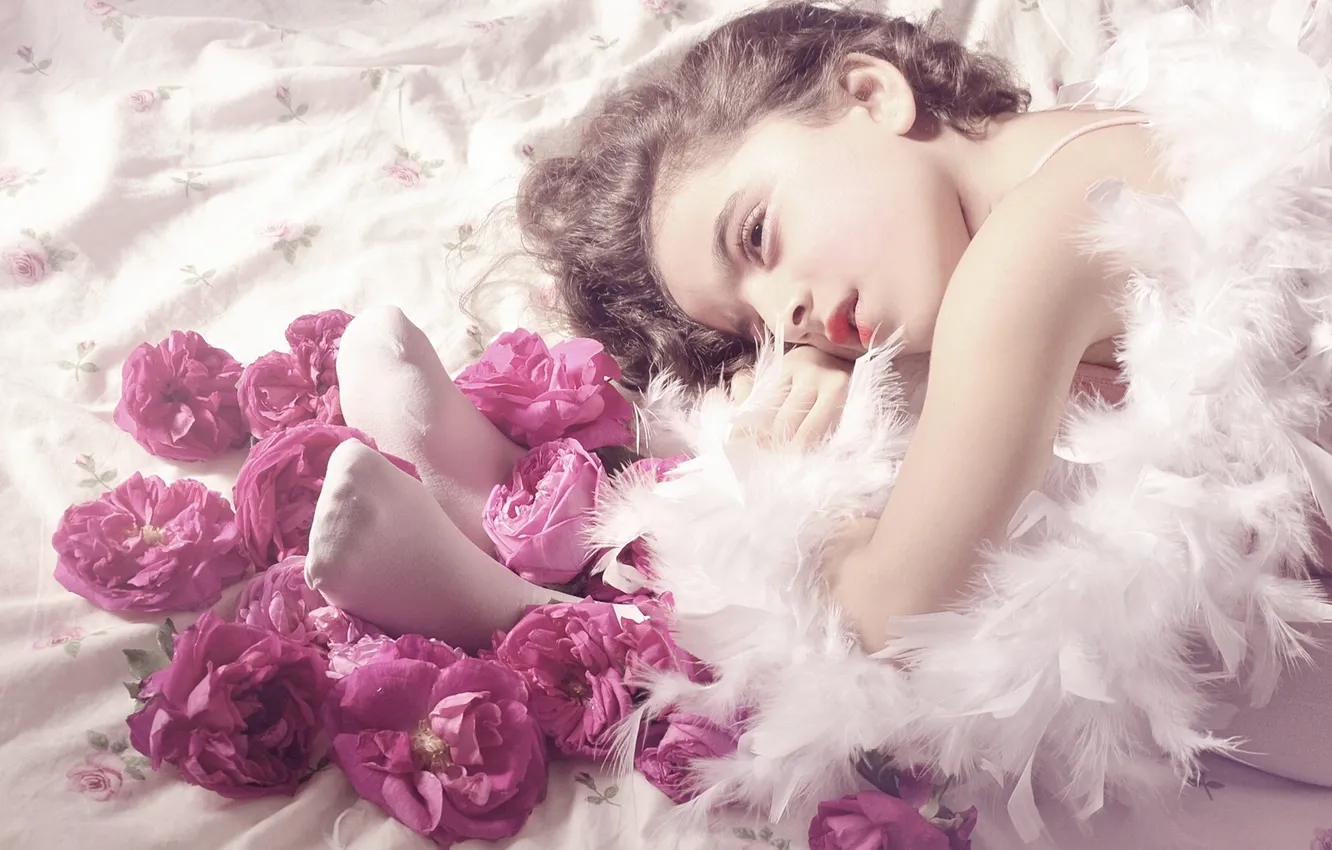 Photo wallpaper flowers, roses, feathers, girl