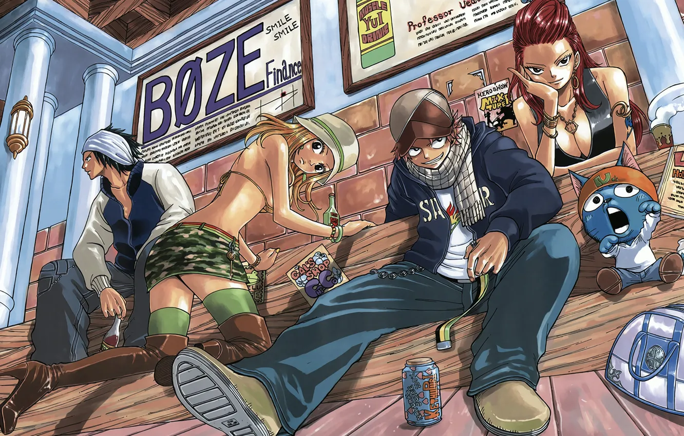 Photo wallpaper sitting, fairy tail, Happy, Natsu, Lucy, Erza, Gray