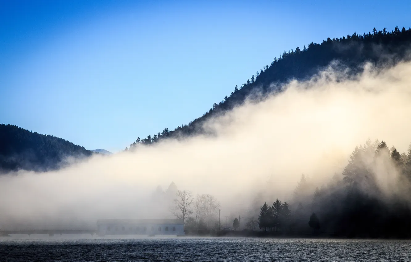 Photo wallpaper mountains, nature, lake, haze
