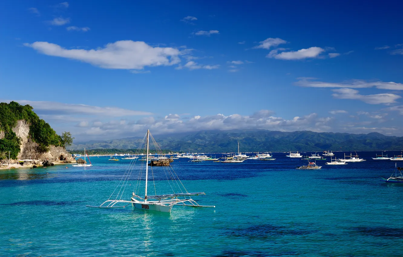Photo wallpaper sea, clouds, shore, yachts, Sunny, catamaran