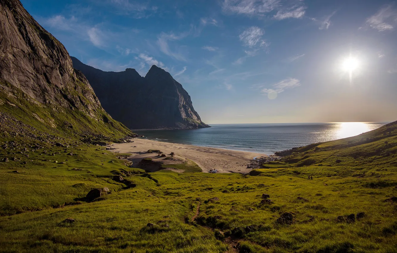 Photo wallpaper sea, the sky, the sun, mountains