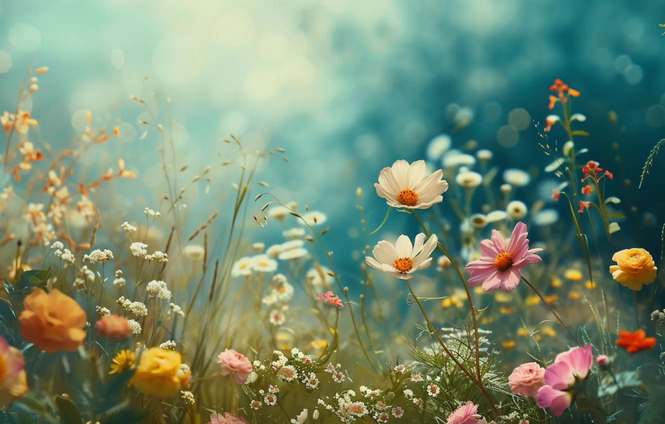 Photo wallpaper flowers, chamomile, bokeh, kosmeya