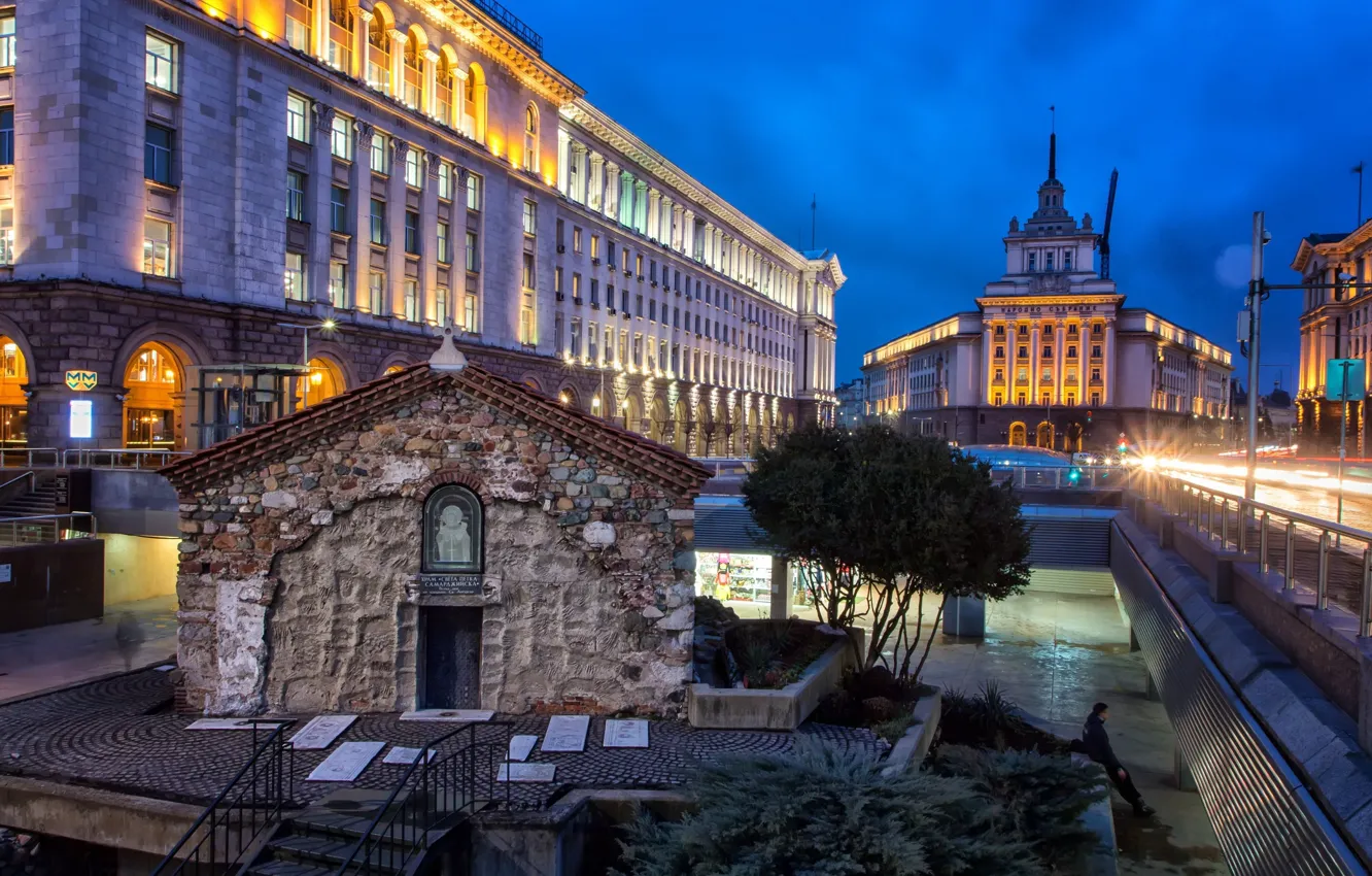 Photo wallpaper night, the city, building, the evening, backlight, architecture, Bulgaria, Sofia