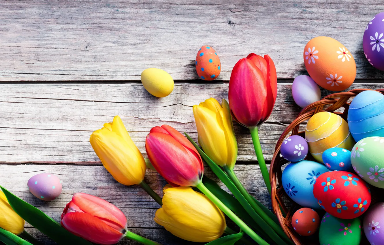 Photo wallpaper colorful, Easter, tulips, happy, wood, flowers, tulips, spring
