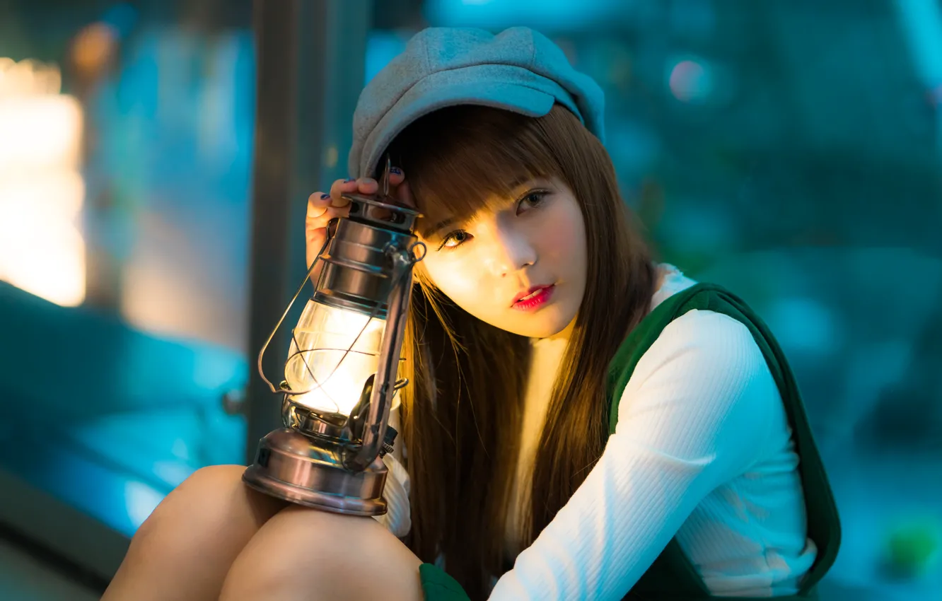 Photo wallpaper girl, light, lamp, Asian, cutie