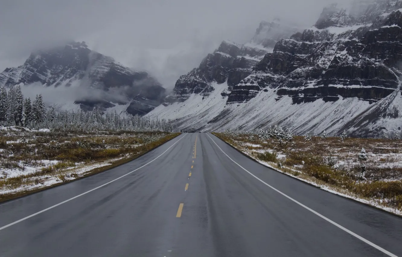Photo wallpaper winter, road, clouds, snow, mountains, rainy