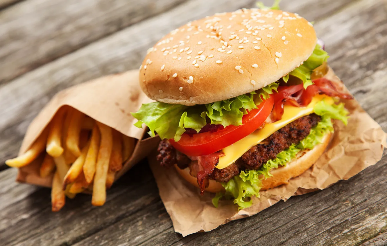 Photo wallpaper vegetables, tomatoes, hamburger, Patty, bacon, salad, buns