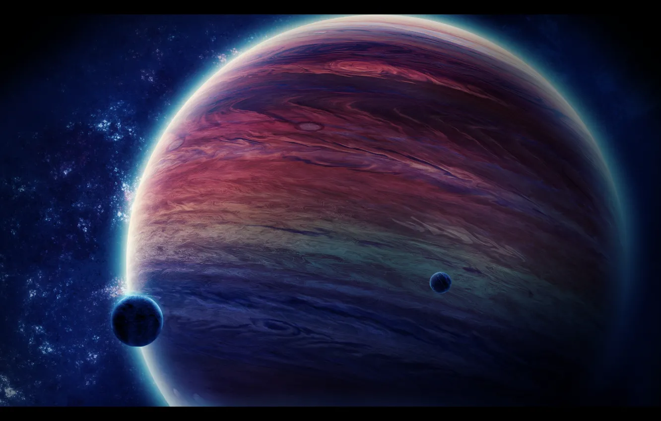 Photo wallpaper space, stars, planet, the moon, gas giant
