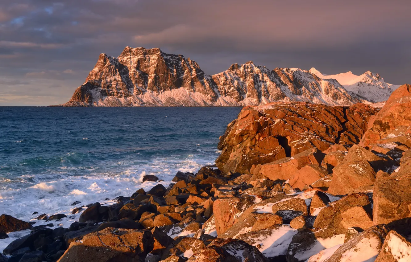 Photo wallpaper winter, sea, snow, landscape, sunset, mountains, nature, stones
