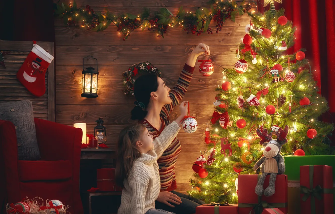 Photo wallpaper decoration, gift, toy, tree, new year, the evening, lights, girl