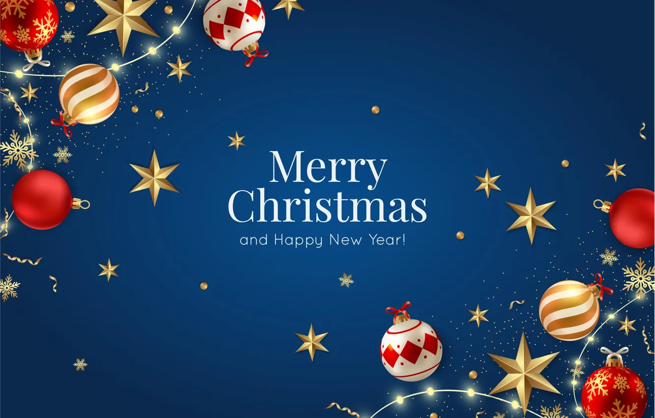 Photo wallpaper stars, balls, snowflakes, new year, Christmas, blue background