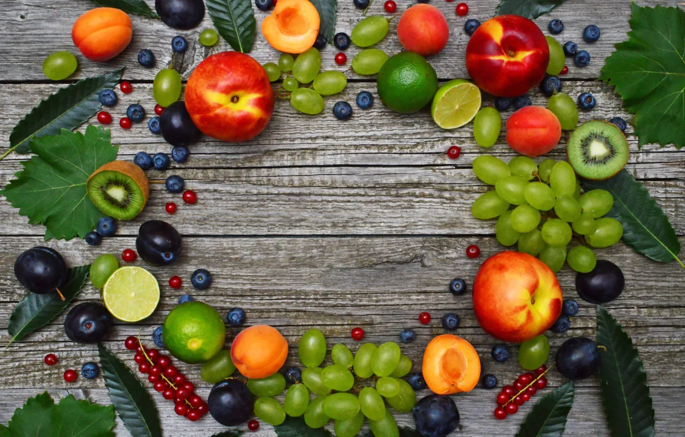Photo wallpaper kiwi, blueberries, grapes, lime, peaches, wood, apricots