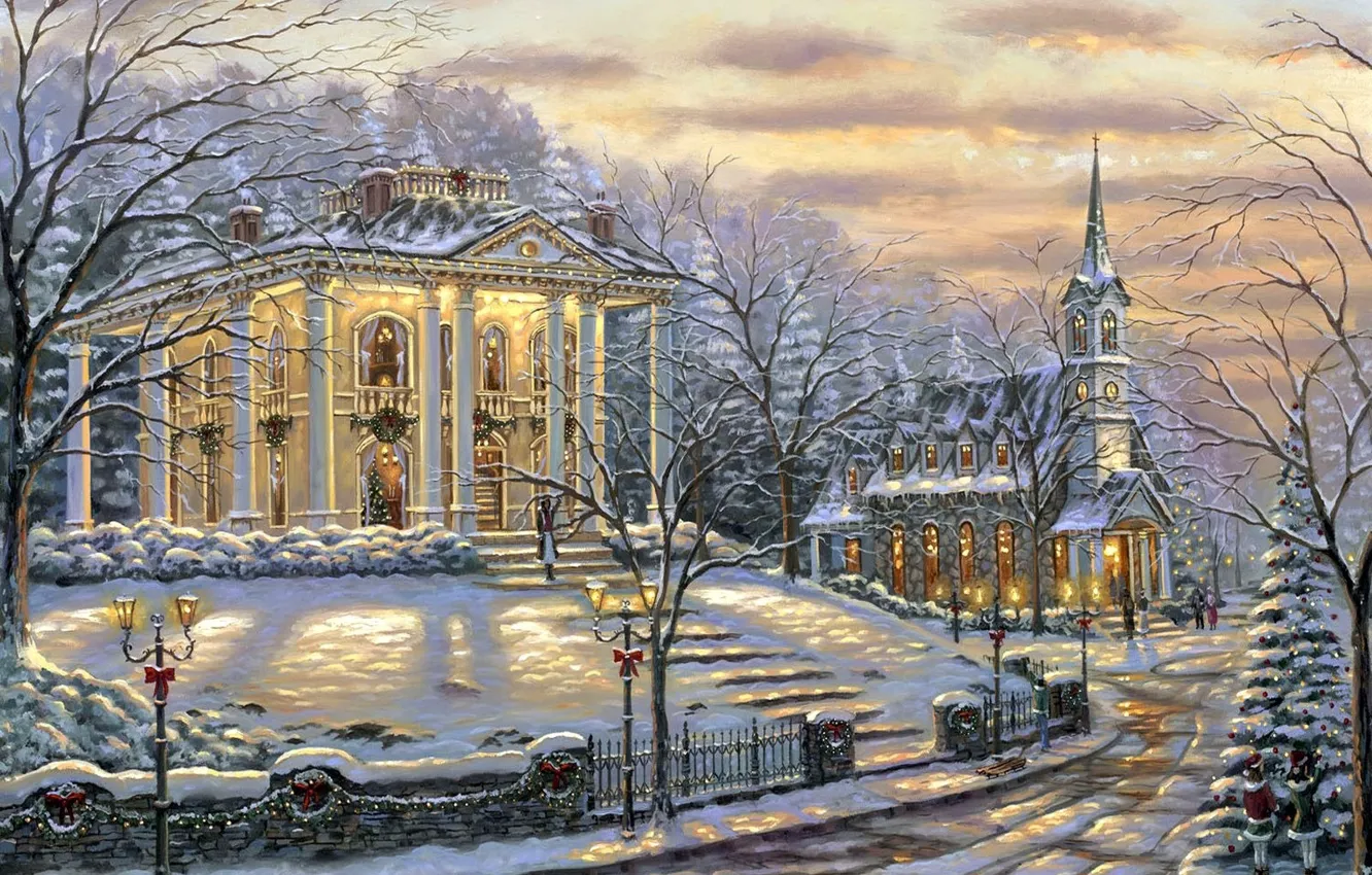 Photo wallpaper snow, decoration, lights, house, Robert Finale